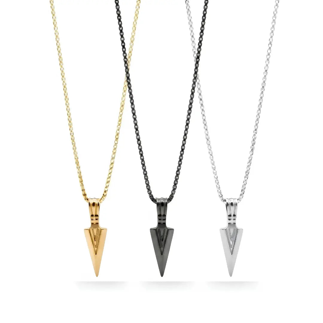 Arrowhead Pendant Necklace with Box Chain (Gold, Silver & Black Tone) – 52cm Geometric Statement Jewelry