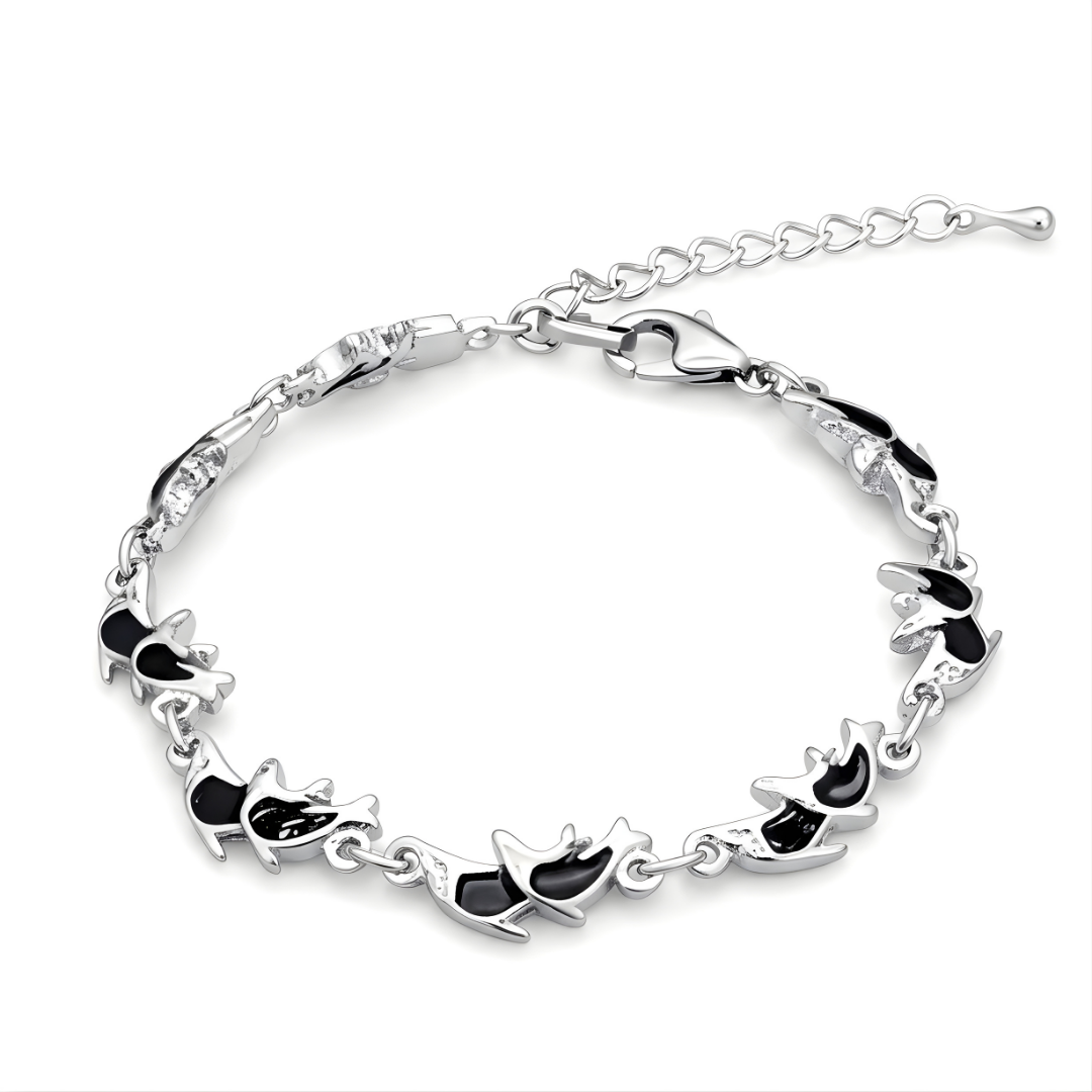 Silver Twin Black Enamel Fish Bracelet – 22cm Adjustable