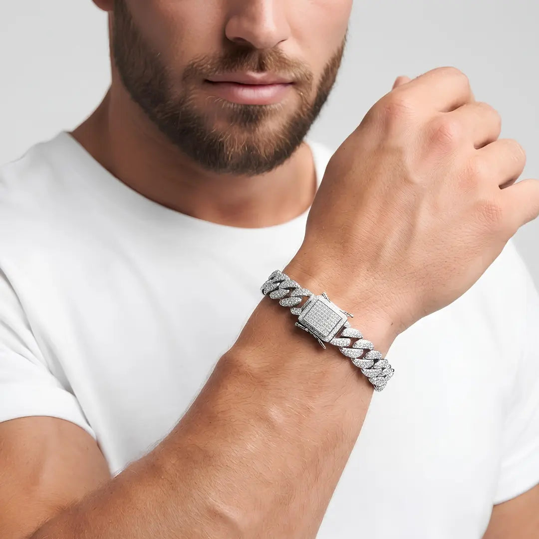 Silver Iced-Out Cuban Link Bracelet (18cm / 10mm) – Pavé Crystal Statement Wristband with Double Safety Clasp