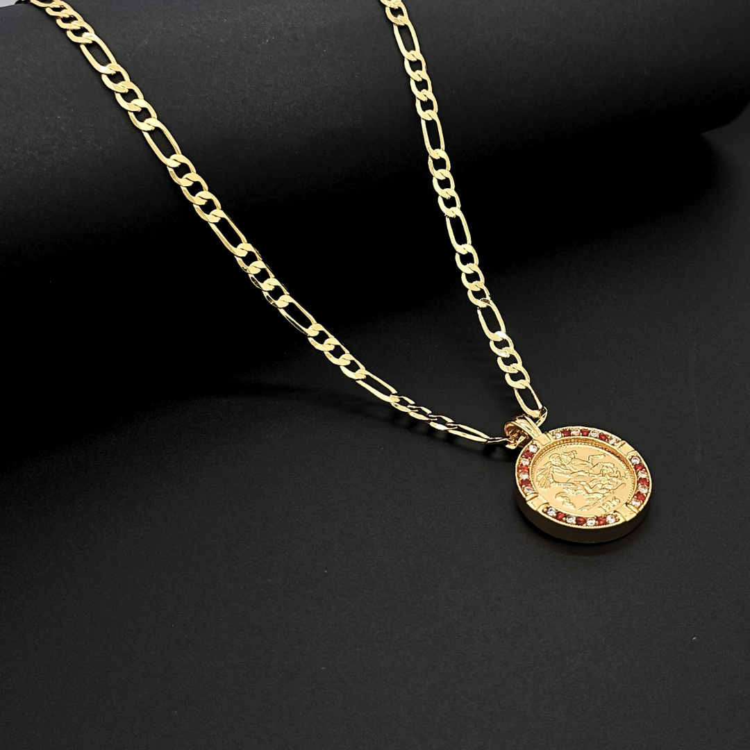 Gold Filled Customized  Tarnish Proof Full Sovereign Pendant Necklace With Ruby & CZ