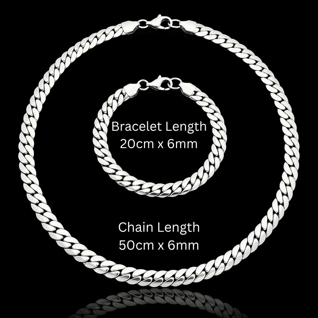 50Cm X 6Mm Stainless Steel Silver Cuban Link Chain & Bracelet Set
