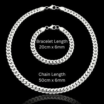 50Cm X 6Mm Stainless Steel Silver Cuban Link Chain & Bracelet Set