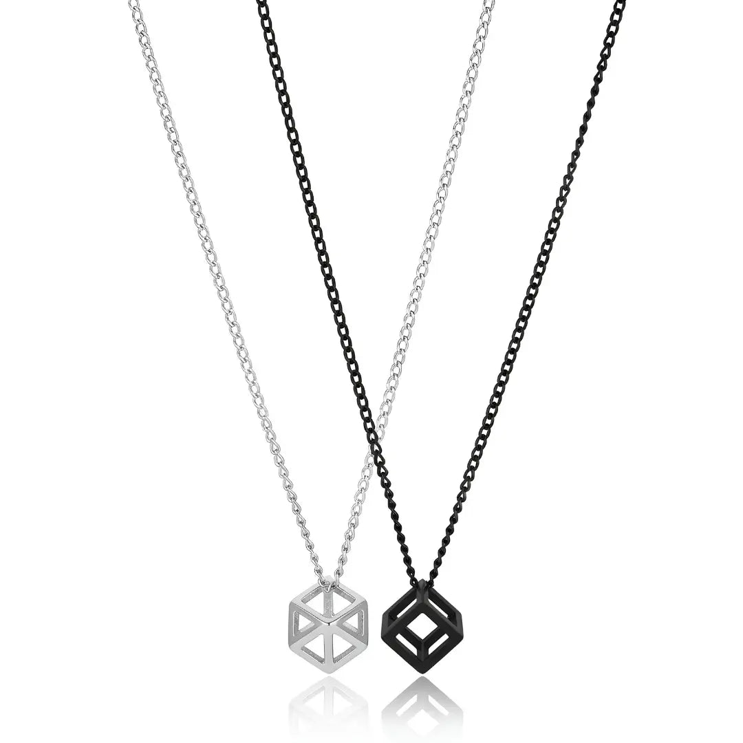 Geometric Cube Pendant Necklace – 60cm 3mm Curb Chain in Silver & Black