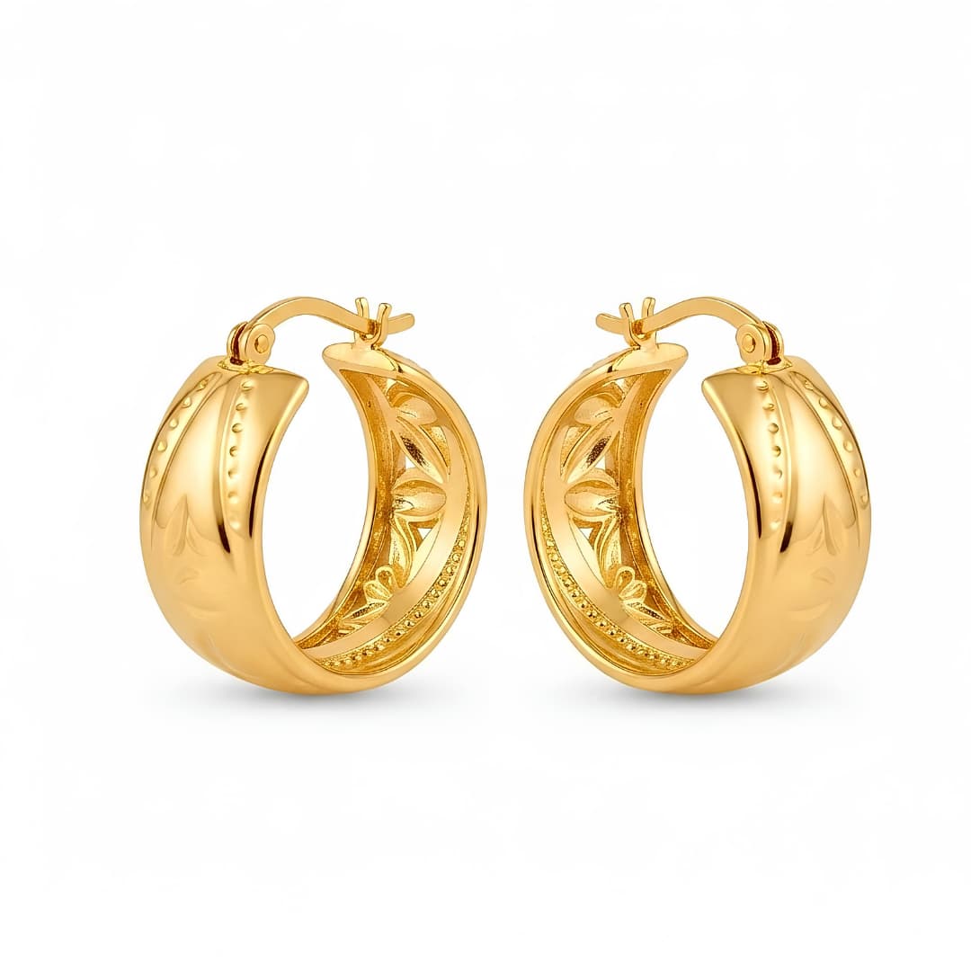 18K Gold Filled Polynesian Engraved Hoop Earrings – Pasifika Island Motif Statement Hoops