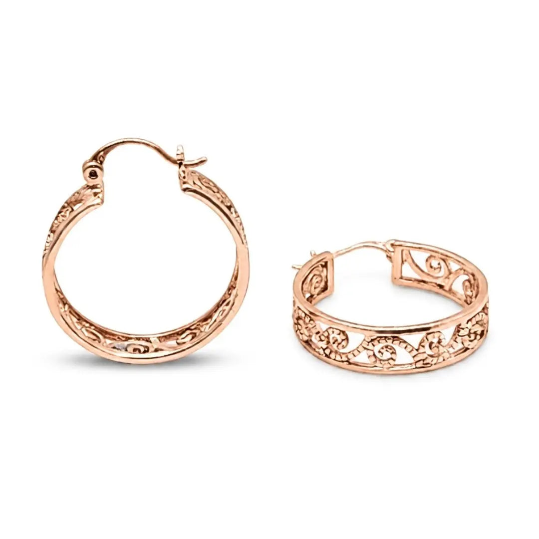 18K Rose Gold Filled Filigree Scroll Hoop Earrings – 20mm Etched Swirl Statement Hoops