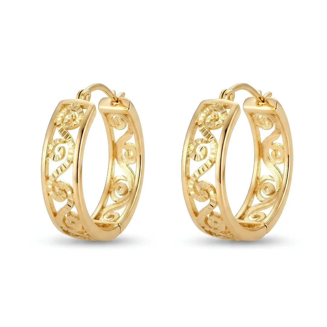 14K Yellow Gold Filled Filigree Scroll Hoop Earrings – 20mm Etched Swirl Statement Hoops