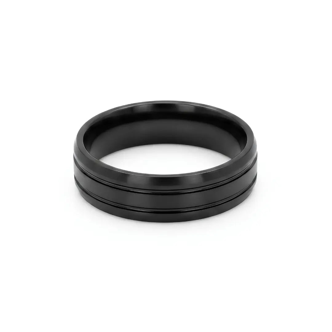 Tarnish-Proof Black Grooved Band Ring – Brushed Finish Step-Down Edge (US Sizes 9 & 10)