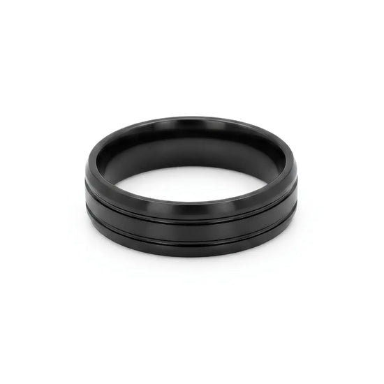 Tarnish-Proof Black Grooved Band Ring – Brushed Finish Step-Down Edge (US Sizes 9 & 10)