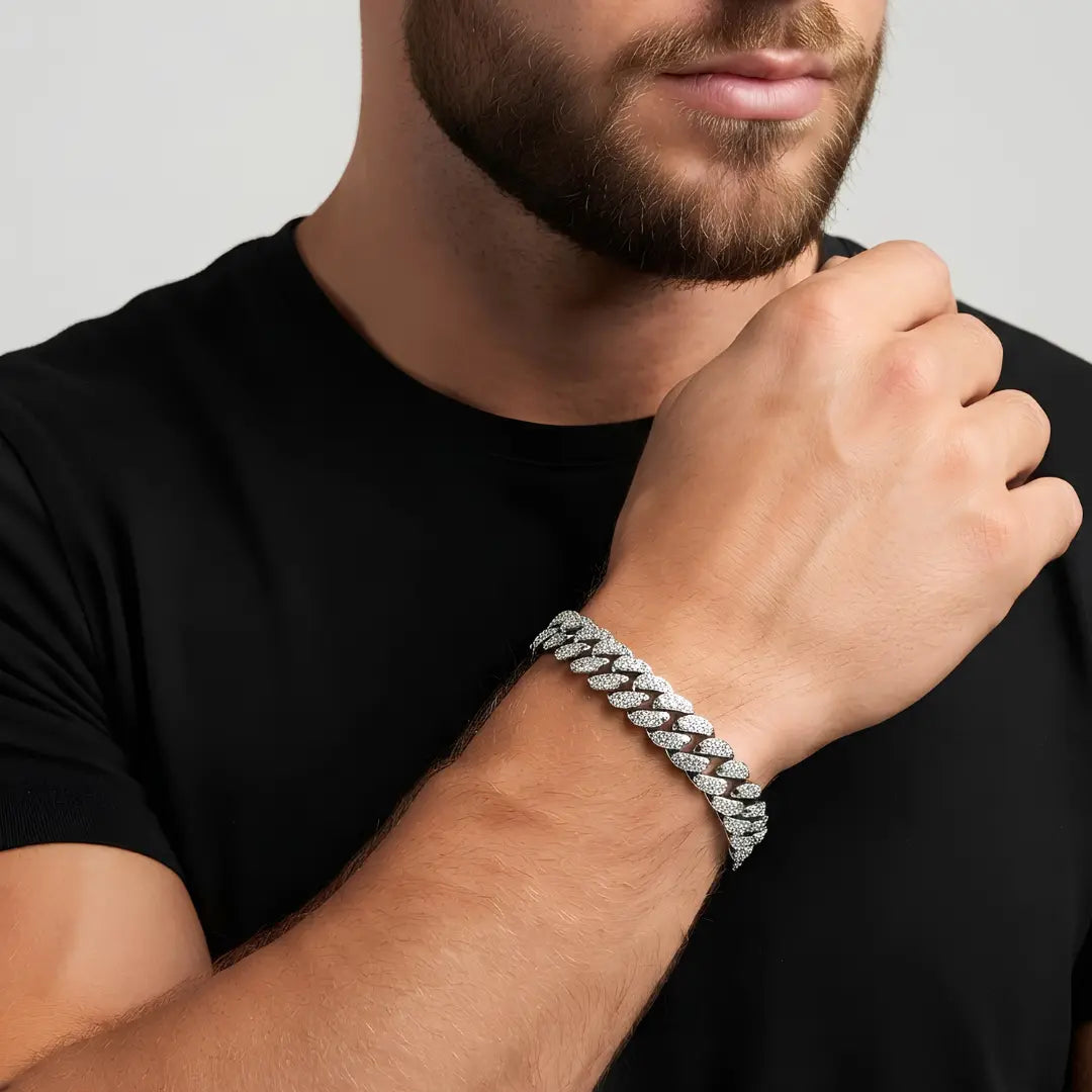 Silver Iced-Out Cuban Link Bracelet (21cm / 12mm) – Chunky Pavé Crystal Statement Wristband with Box Clasp
