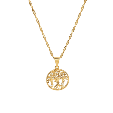 18K Gold Filled Tree of Life Money Tree Pendant Necklace – CZ Accented Medallion with Singapore Chain