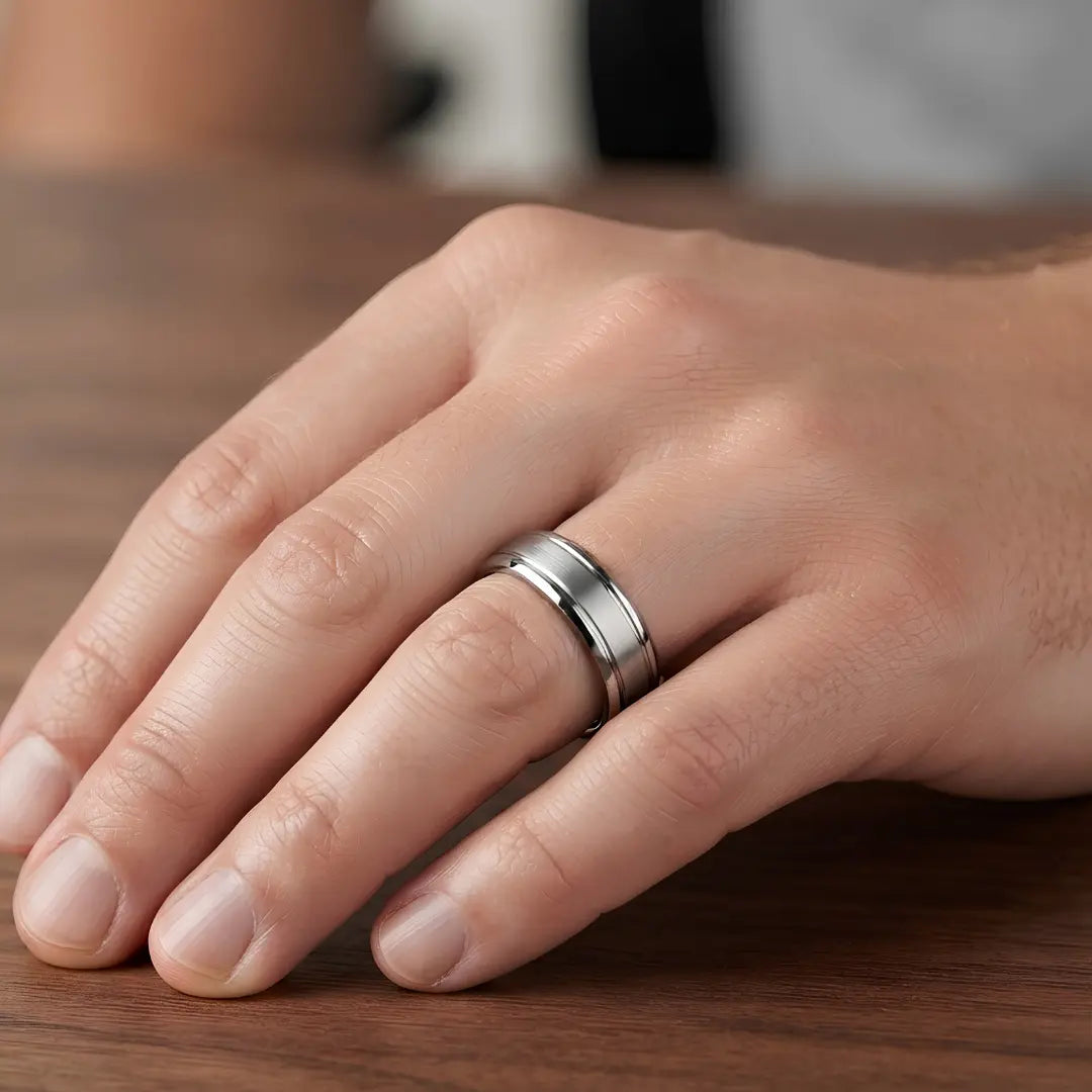 Tarnish-Proof Grooved Band Ring – Brushed Finish Men's Wedding Band (US Size 11)