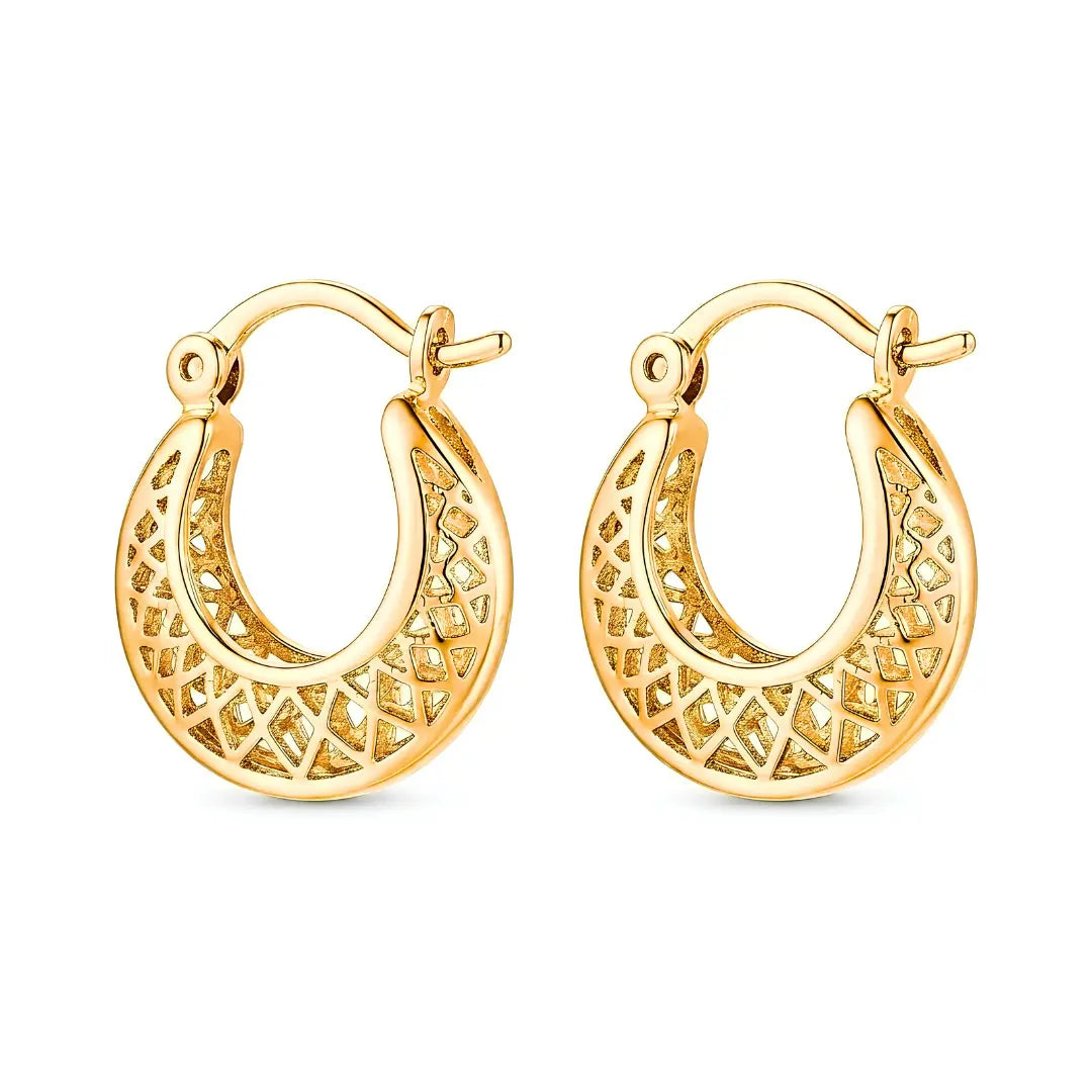 18K Gold Filled Filigree Lattice Hoop Earrings – 18mm Diamond Pattern Statement Hoops