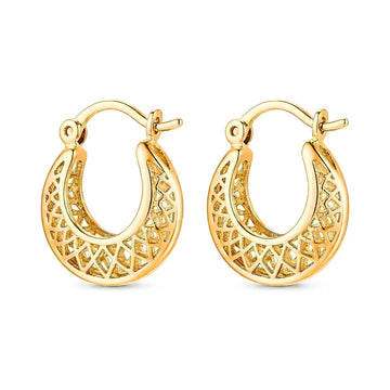 18K Gold Filled Filigree Lattice Hoop Earrings – 18mm Diamond Pattern Statement Hoops
