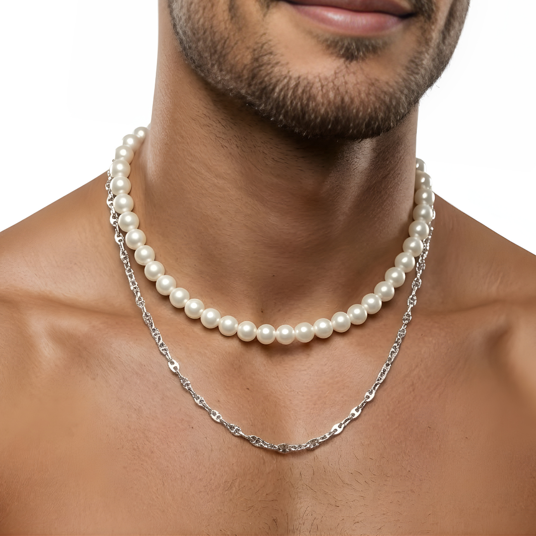Silver Rhodium Plated Chain & Pearl Duo