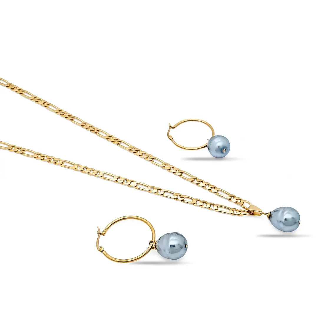 18K Gold Filled Figaro Chain Necklace & Drop Hoop Earrings Set – Freshwater Baroque Pearl Jewelry Suite, 60cm + 5cm Extension