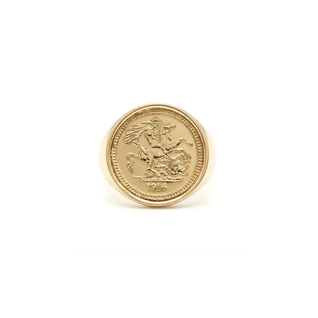 18K Gold Filled Sovereign Ring – 1916 Saint George & Dragon Coin Signet Ring for Men & Women