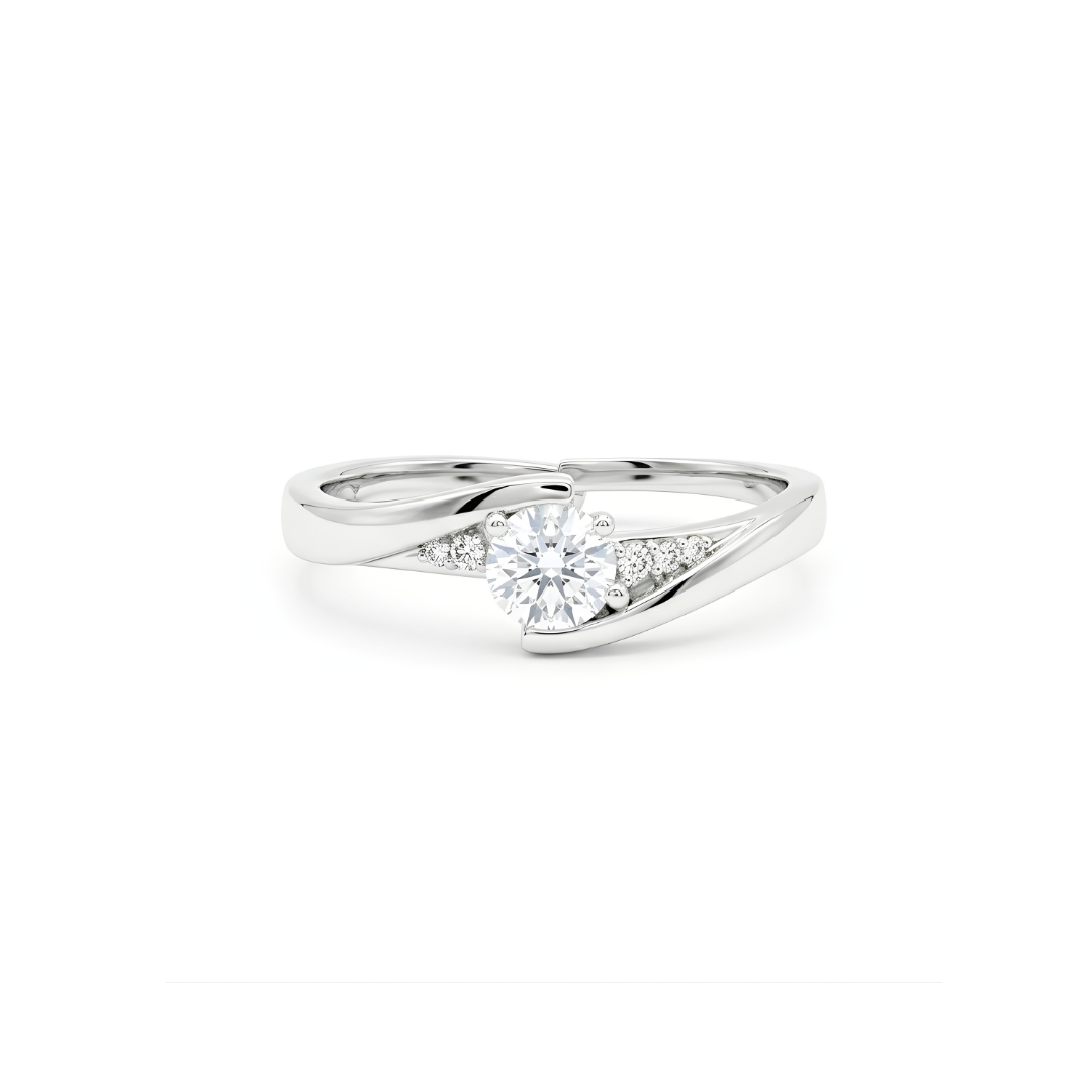 Silver Elegant Bypass Solitaire Ring – Round Cubic Zirconia Statement Ring