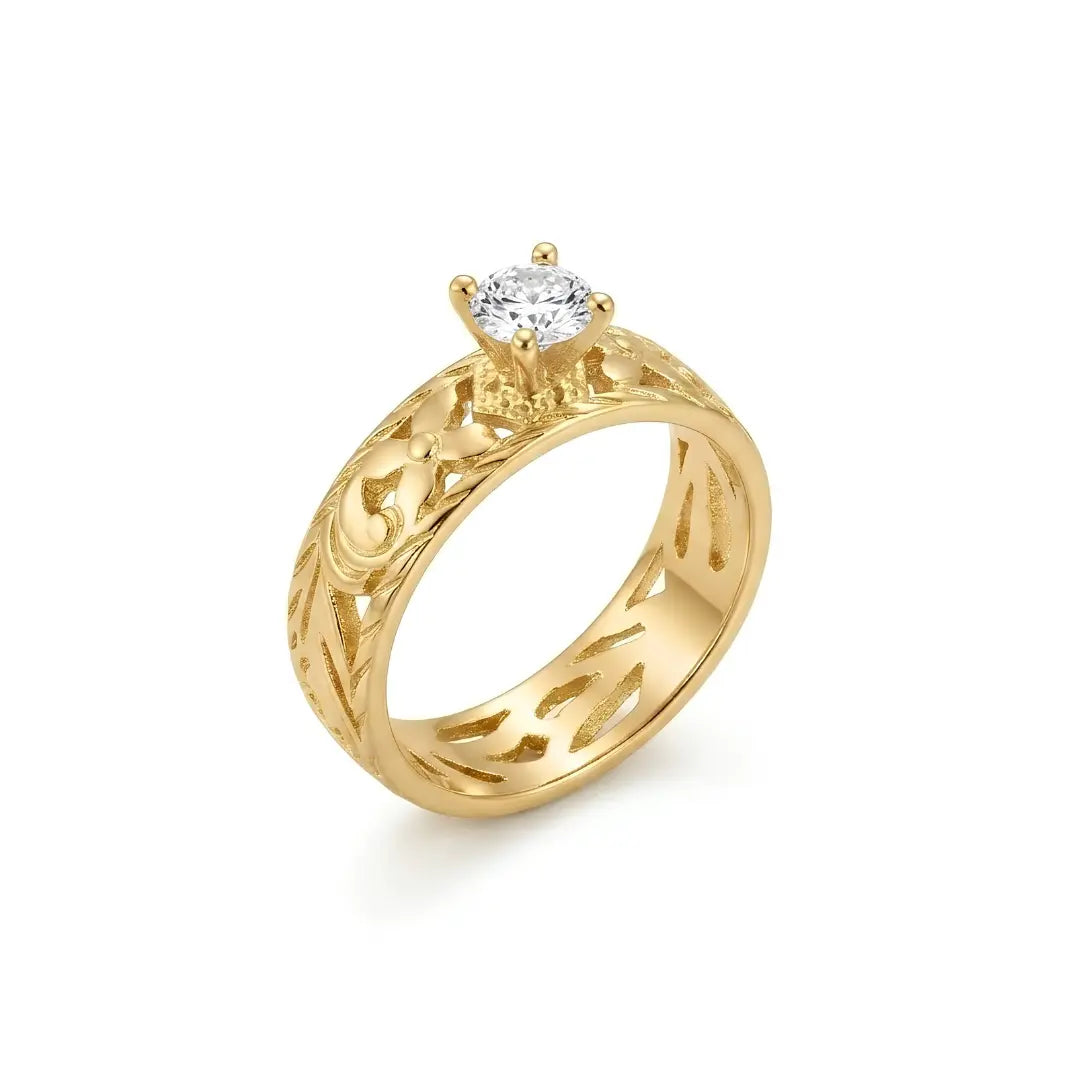 18K Gold Filled Heirloom Filigree Engagement Ring – Hawaiian Scroll CZ Solitaire Ring for Women