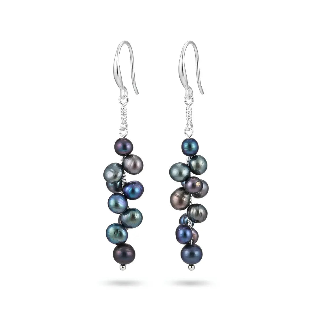 Dark Freshwater Pearl Cascade Drop Earrings – Peacock Iridescent Organic 50mm Dangle Earrings for Women