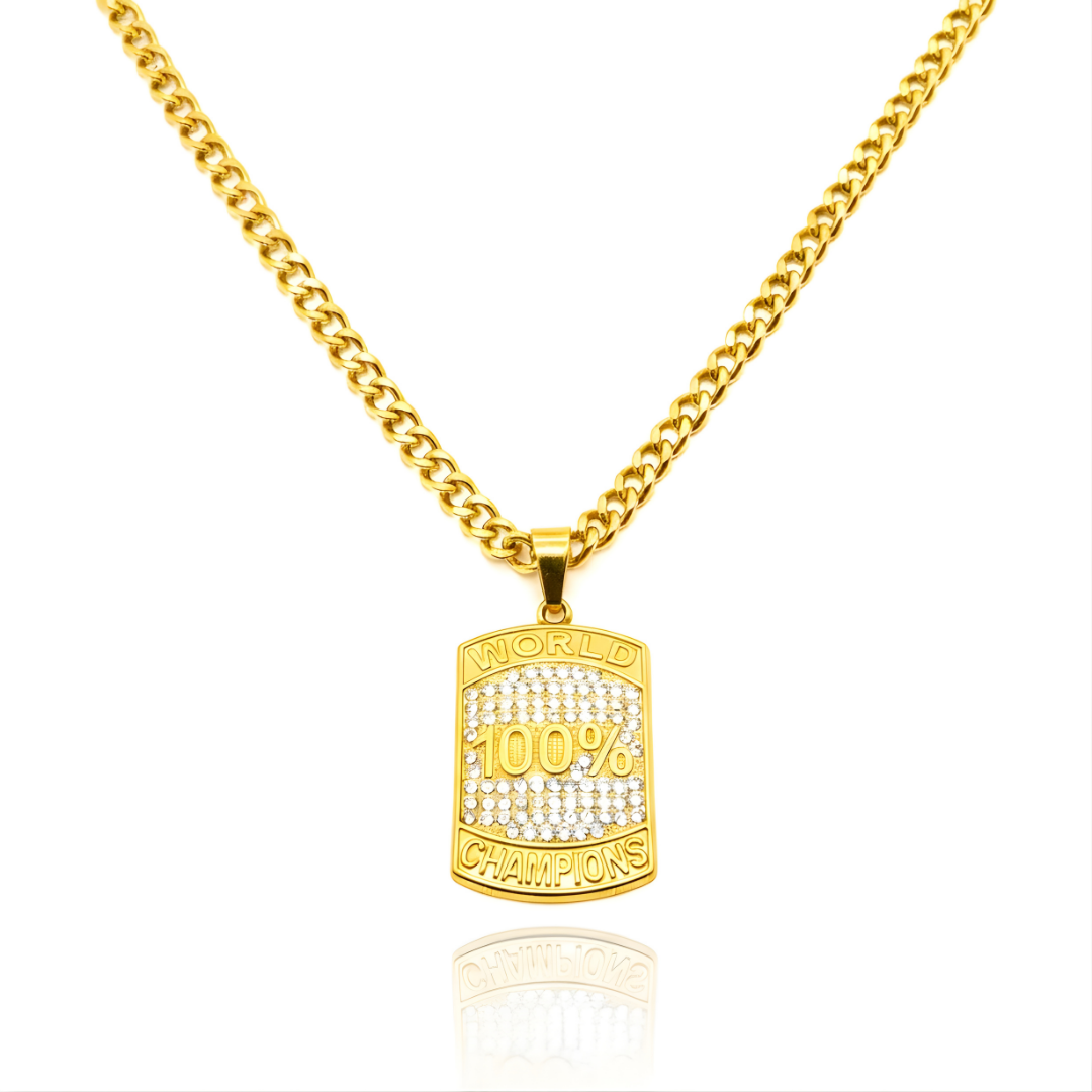18K Gold Filled World 100% Champion Dog Tag Pendant Necklace – Iced Out Pavé CZ Curb Link Chain Necklace for Men & Women