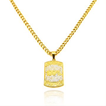 18K Gold Filled World 100% Champion Dog Tag Pendant Necklace – Iced Out Pavé CZ Curb Link Chain Necklace for Men & Women