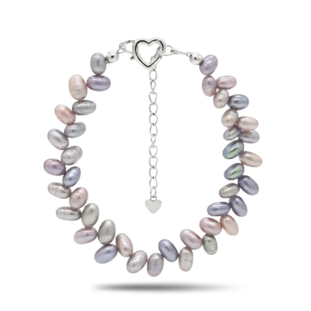 Silver Multi-Color Freshwater Pearl Link Bracelet – Rice Pearl Adjustable Heart Clasp Bracelet for Women
