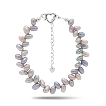 Silver Multi-Color Freshwater Pearl Link Bracelet – Rice Pearl Adjustable Heart Clasp Bracelet for Women