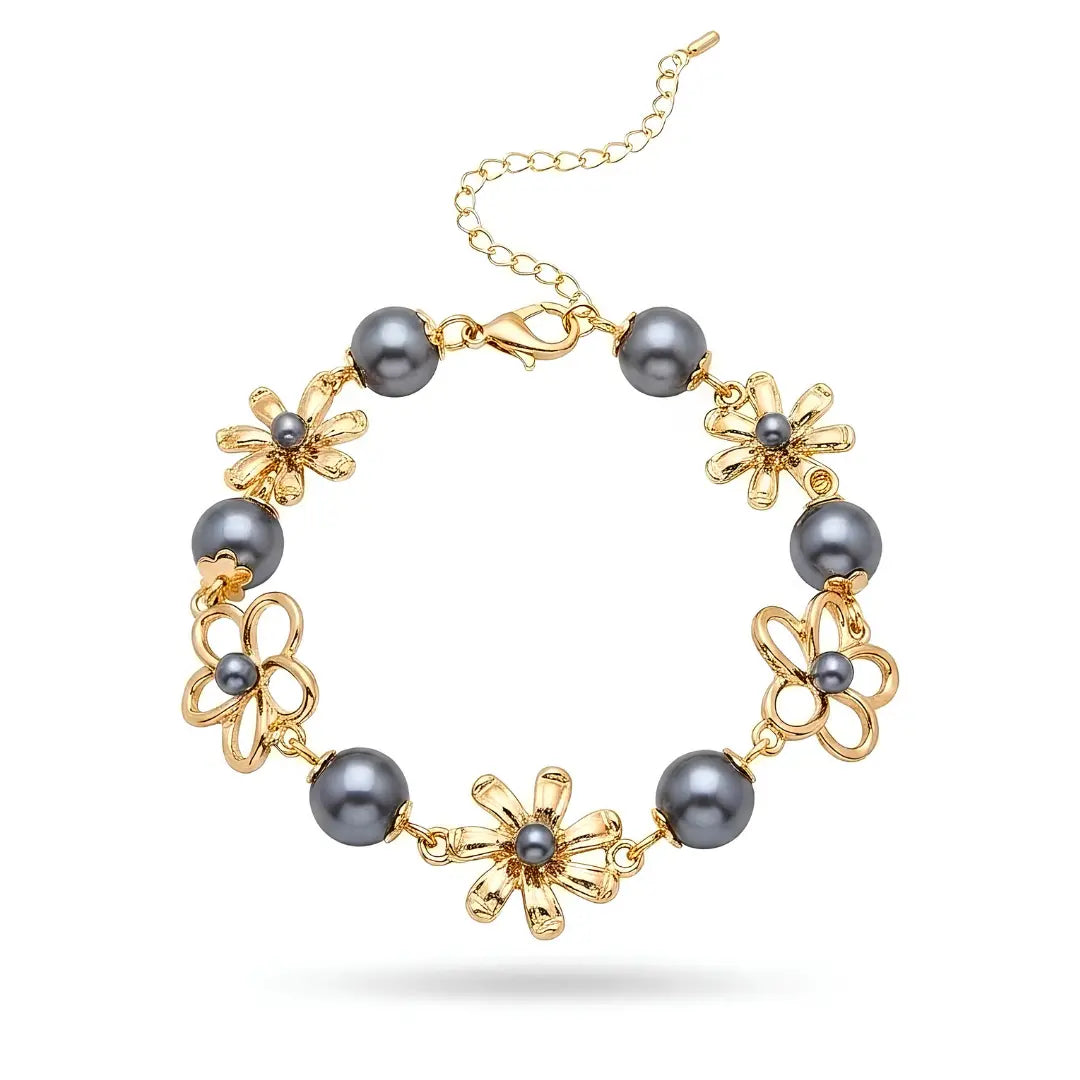 Gold Tone Dark Grey Pearl & Floral Link Bracelet – Nature-Inspired Openwork Flower Charm Bracelet (21cm + 5cm Extender) for Women