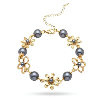 Gold Tone Dark Grey Pearl & Floral Link Bracelet – Nature-Inspired Openwork Flower Charm Bracelet (21cm + 5cm Extender) for Women