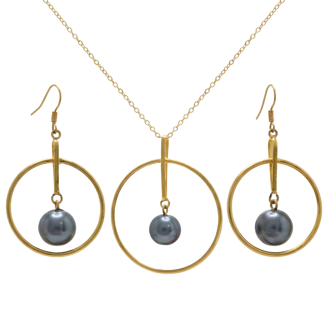 18K Gold Filled Grey Pearl Circle Pendant & Earrings Set – Geometric Circular Drop Jewelry Set for Women