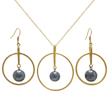 18K Gold Filled Grey Pearl Circle Pendant & Earrings Set – Geometric Circular Drop Jewelry Set for Women