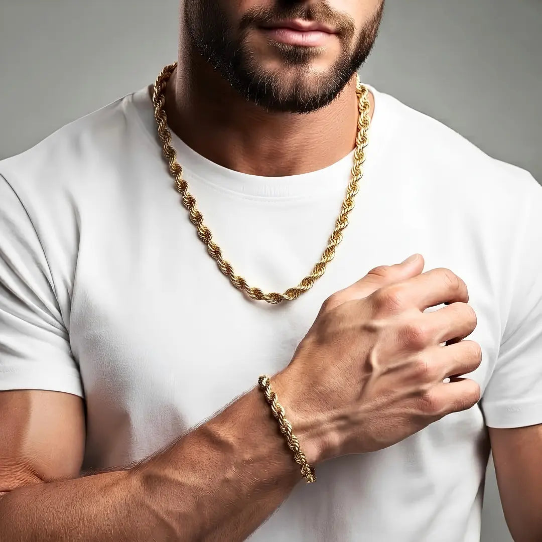 18K Gold Filled Rope Chain and Matching Bracelet Set (Unisex)