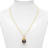 14K Gold Filled Peacock Green Shell Pearl Pendant Necklace – 12mm Iridescent Pearl Figaro Chain Necklace (58cm) for Women & Men