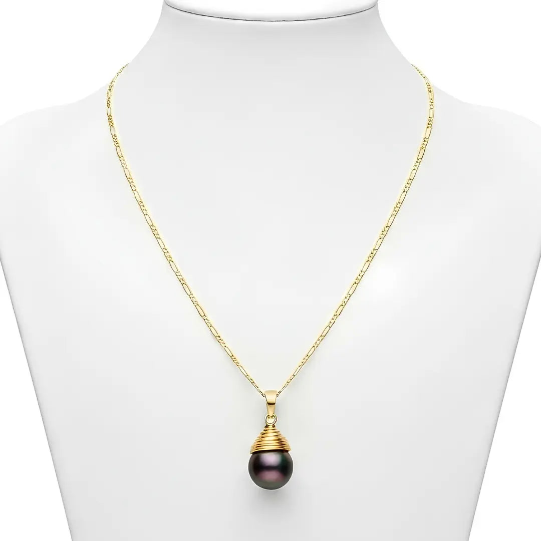 14K Gold Filled Peacock Green Shell Pearl Pendant Necklace – 12mm Iridescent Pearl Figaro Chain Necklace (58cm) for Women & Men
