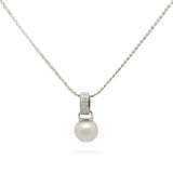 Silver White Pearl Pendant Necklace with Diamonds – Luminous Pearl Solitaire Drop Necklace