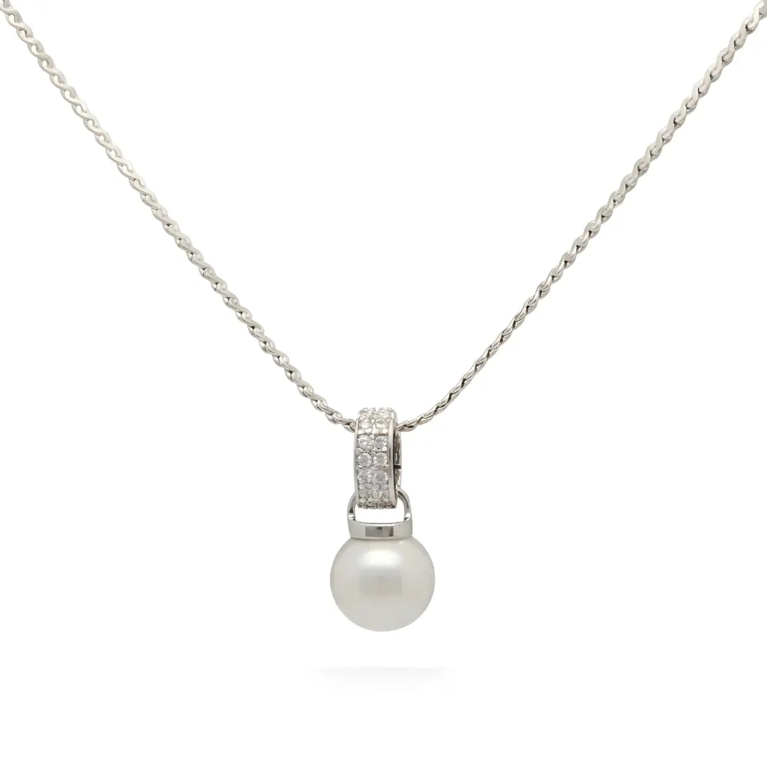 Silver White Pearl Pendant Necklace with Diamonds