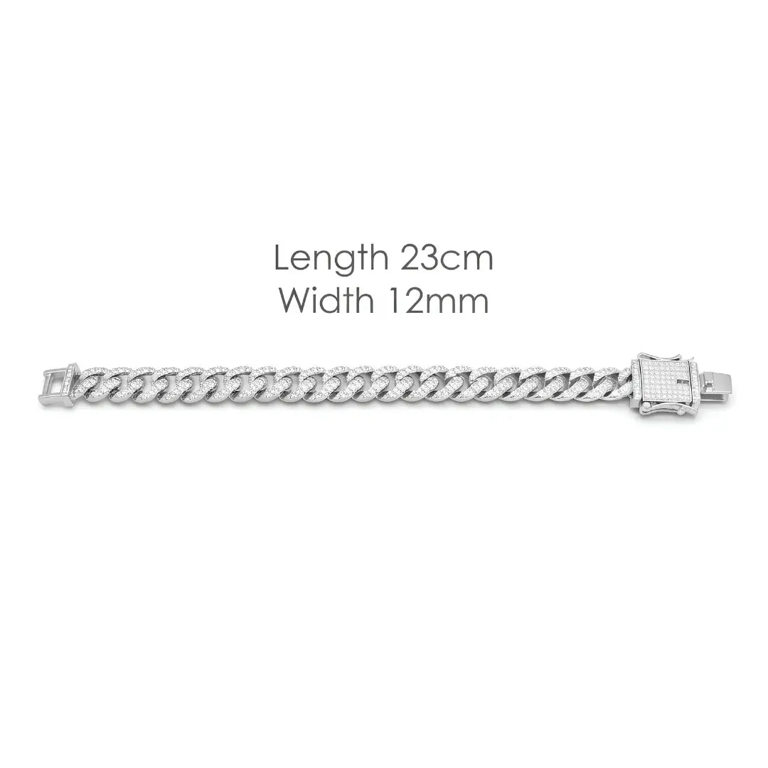 Silver Iced-Out Cuban Link Bracelet (23cm / 12mm) – Chunky Pavé Crystal Statement Wristband with Double Safety Clasp