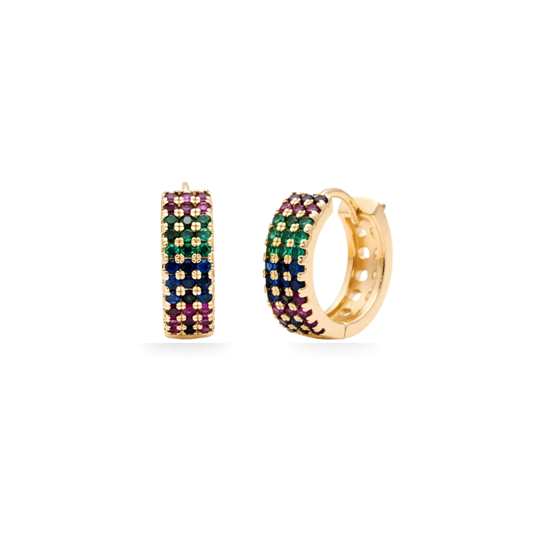 18K Gold Filled Multicolored CZ Rainbow Huggie Hoop Earrings – Double-Row Pavé Gemstone Huggies for Women