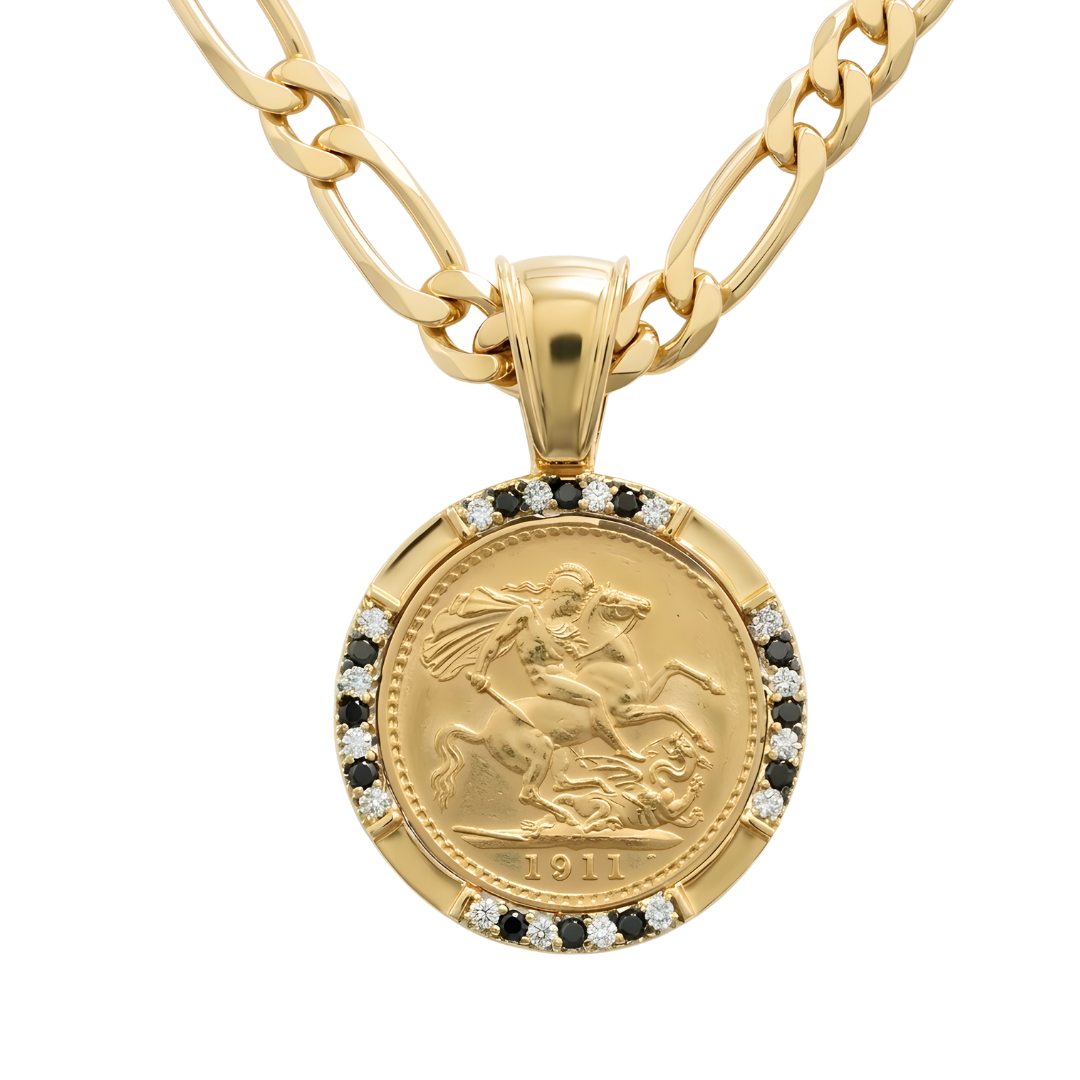 18K Gold Filled Sovereign Pendant With Black & White Diamonds