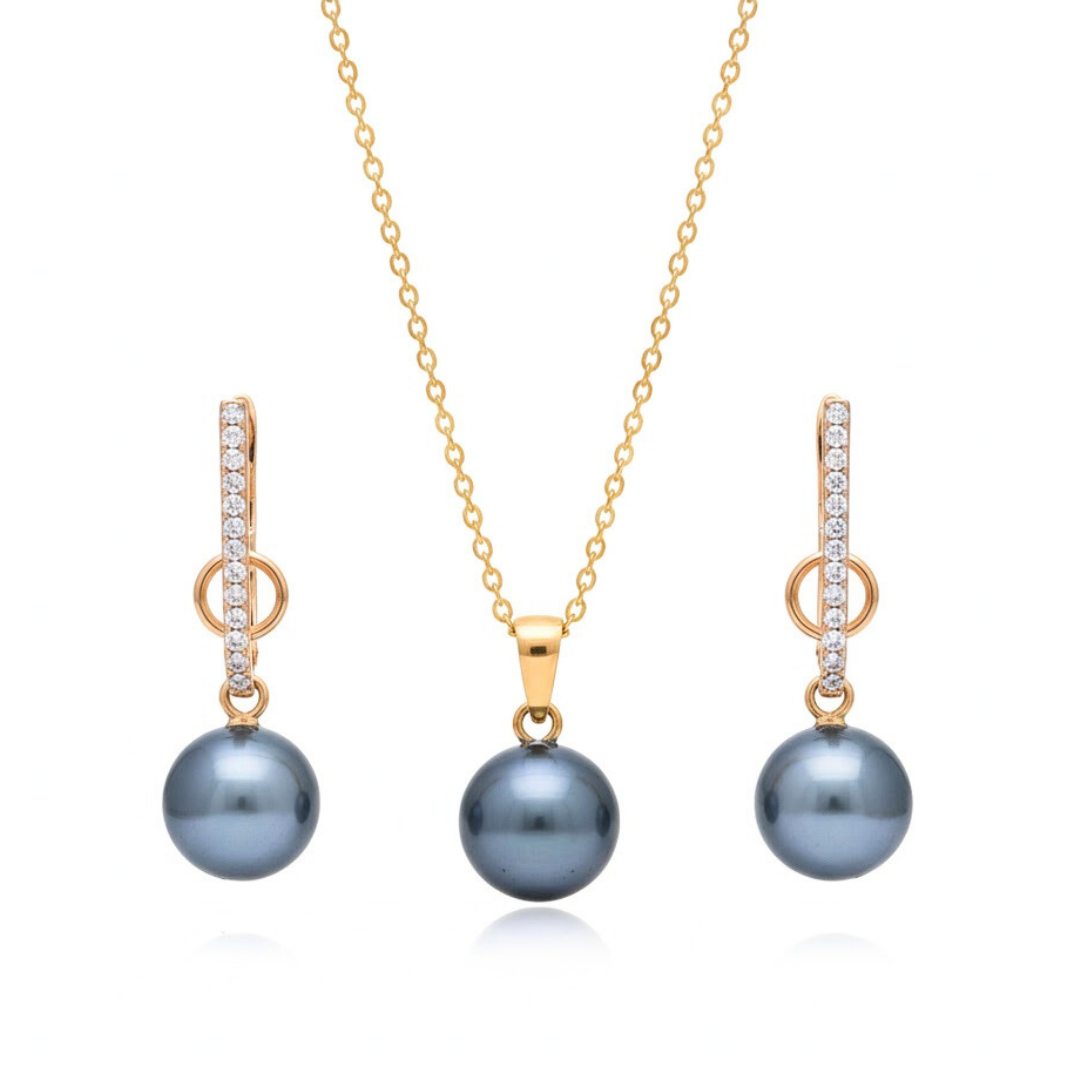 18K Gold Filled Hawaiian Grey Pearl Set