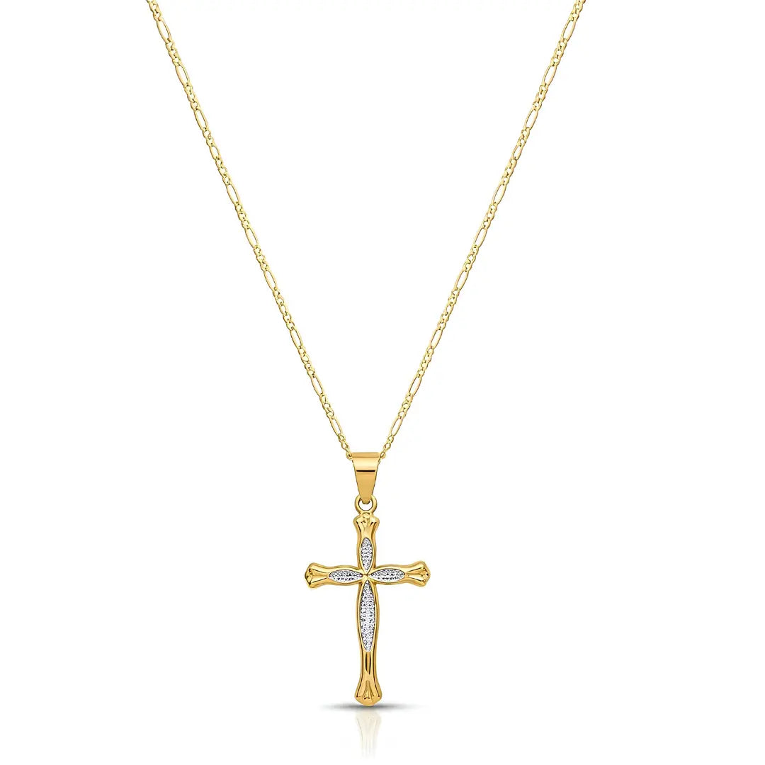 18K Gold Filled Pavé Cross Pendant Necklace – 58cm 2mm Figaro Chain Flared Cross Necklace for Men & Women