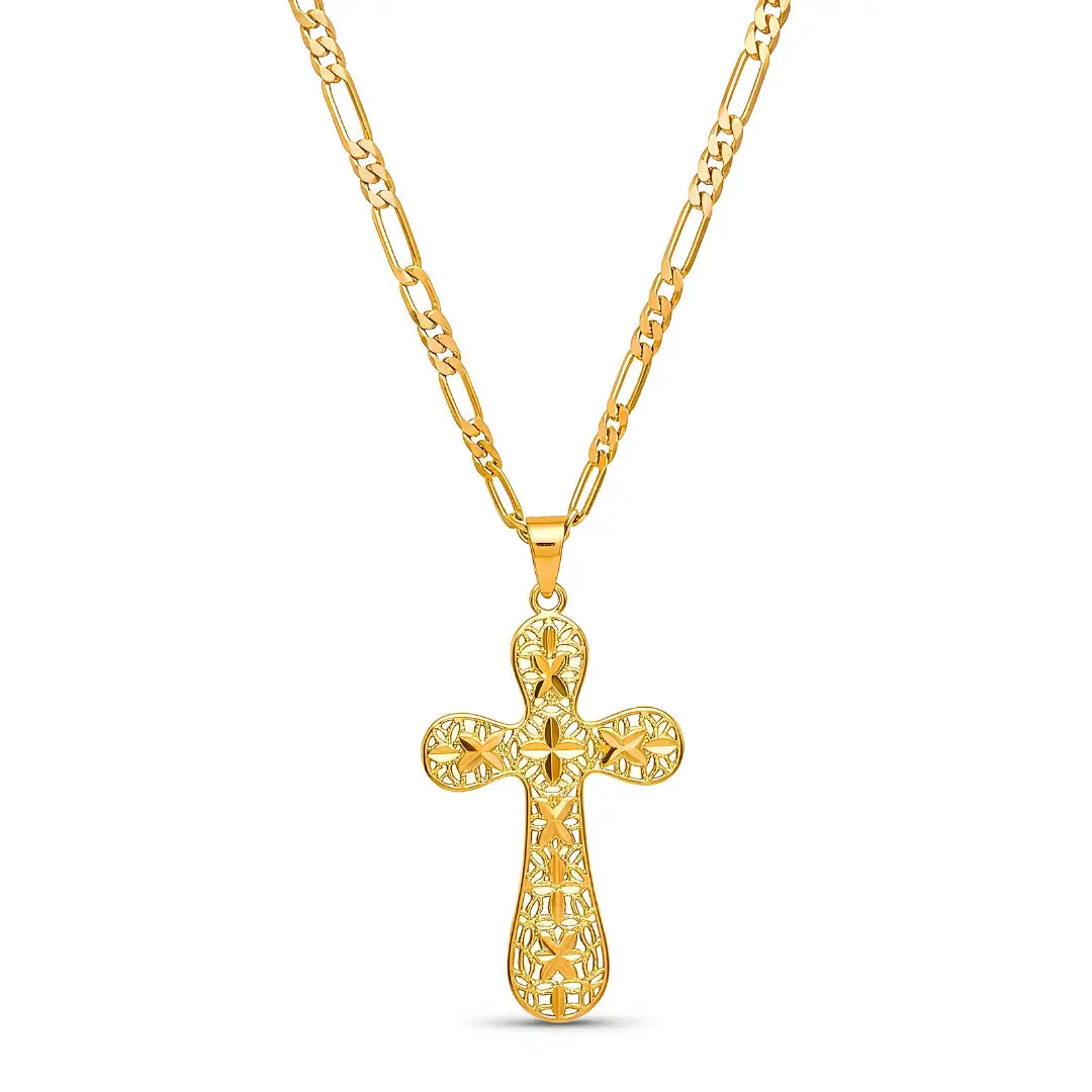 18K Gold Filled Filigree Crucifix Pendant Necklace – 50cm 4mm Figaro Chain Cross Necklace for Men & Women