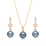 18K Gold Filled Hawaiian Pearl Necklace & Pavé CZ Earrings Set – 12mm High-Luster Pearl with 60cm Chain in Grey