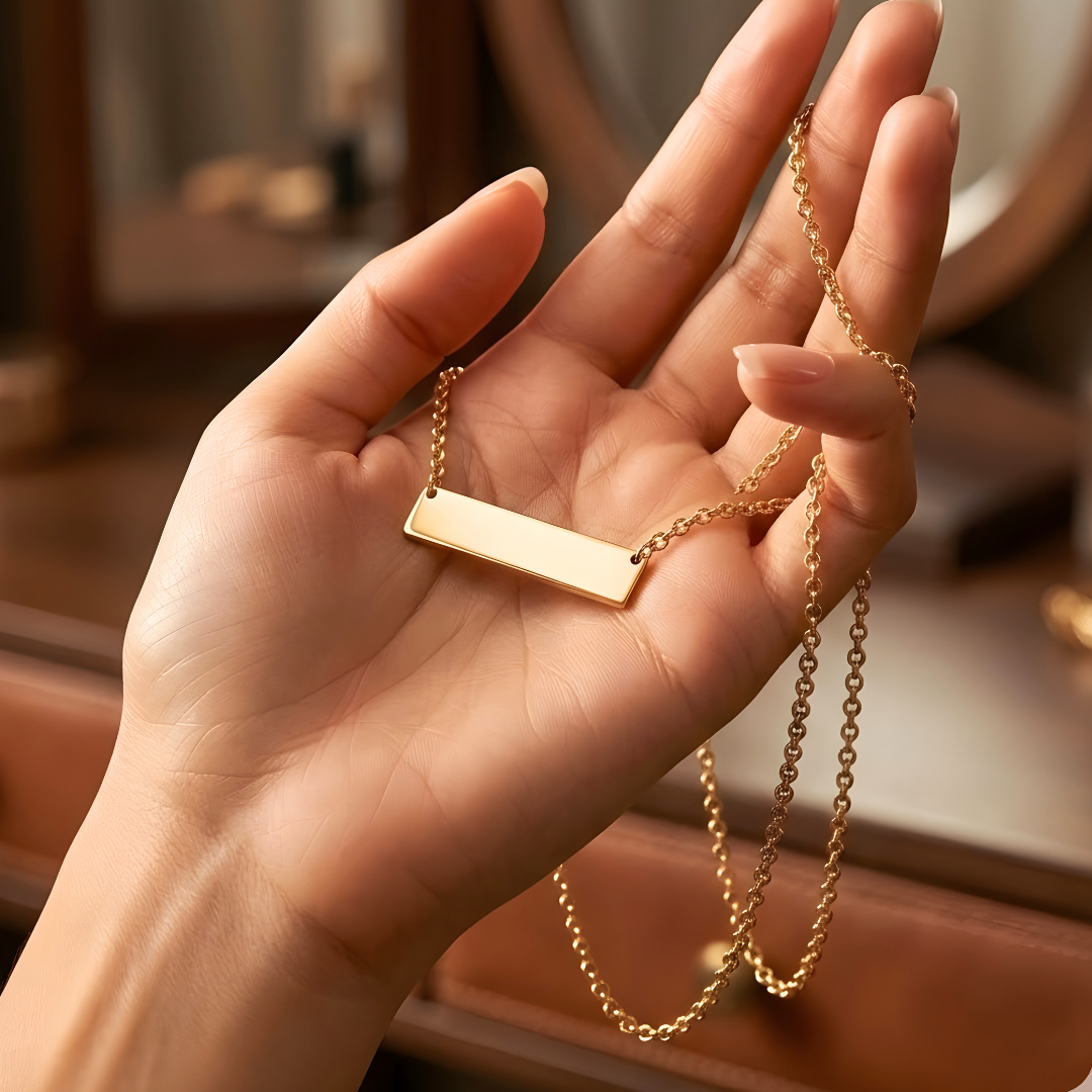 18K Gold Filled Horizontal Bar Pendant Necklace – Sleek Engravable Minimalist Gold Necklace for Women