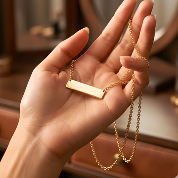 18K Gold Filled Horizontal Bar Pendant Necklace – Sleek Engravable Minimalist Gold Necklace for Women