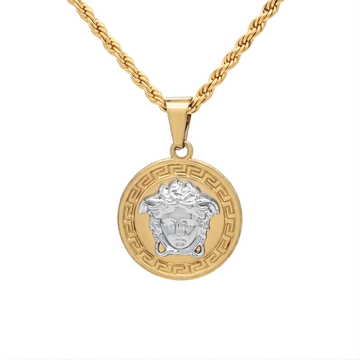 18K Gold Filled Dual Tone Greek Medusa Head Pendant Necklace – 25mm Medallion with Rope Chain