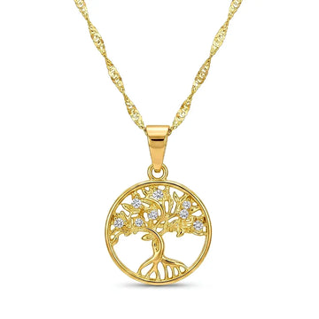 18K Gold Filled Tree of Life Pendant Necklace – 60cm 2mm Twisted Rope Chain CZ Medallion Necklace for Women & Men