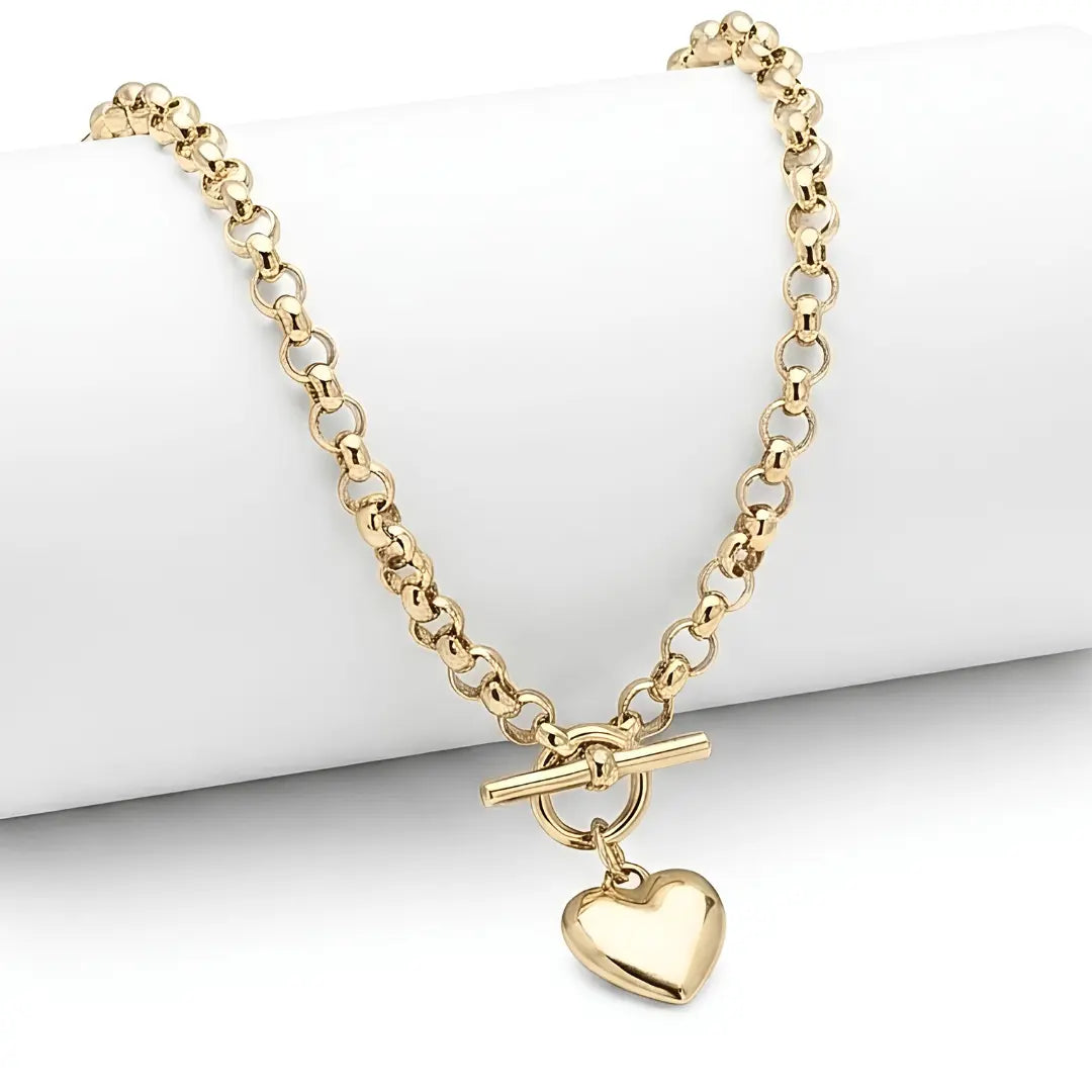 18K Gold Filled Belcher Chain Heart Pendant Necklace – 60cm 8mm Rolo Chain with Front Toggle Clasp for Women & Men