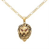 18K Gold Filled Lion Head Pendant Necklace – Ruby Red Eyes Sculpted Lion Figaro Chain Necklace for Men & Women