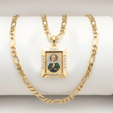 18K Gold Filled Holy Virgin Mary Rectangular Icon Pendant Necklace – Colored Enamel CZ Religious Medallion Figaro Chain Necklace for Women & Men